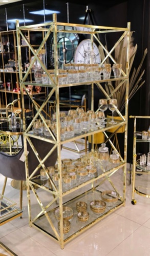 מעמד מדפים נירוסטה בצבע זהב מדפי זכוכית