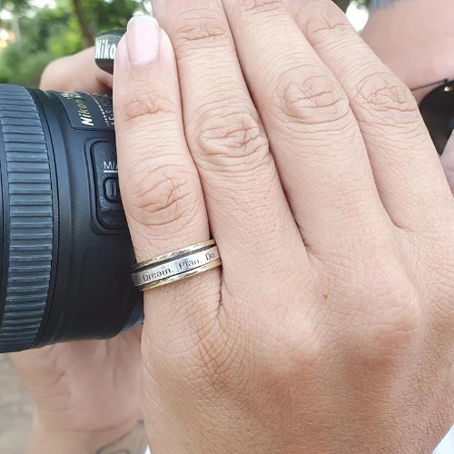 R-61  טבעת לגבר  כסף  עם  שילוב  זהב  14K   עם חריטה  DREAM, PLAN, DO