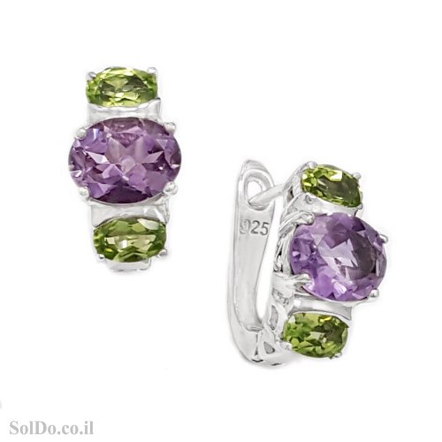 עגילים מכסף משובצים אבני אמטיסט סגול ופרידוט A9003 | תכשיטי כסף
