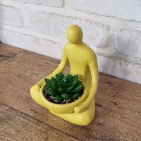 איש צהוב יושב מחזיק עציץ