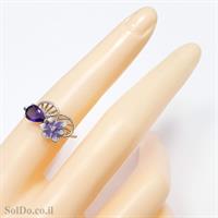 טבעת כסף משובצת אבן אמטיסט מעוצבת פרח בשילוב אמייל RG6103 | תכשיטי כסף 925 | טבעות כסף