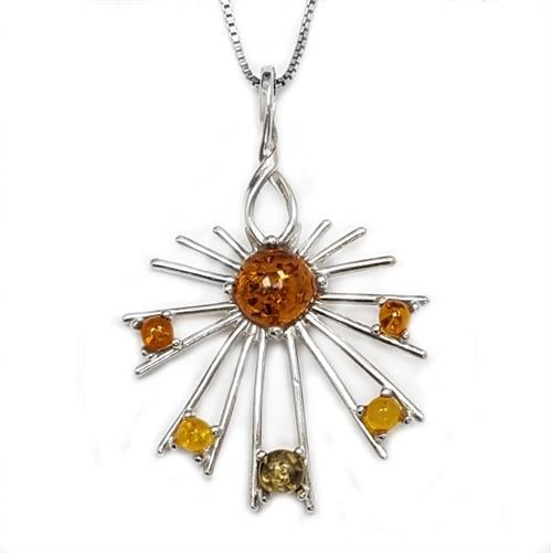 תליון מכסף משובץ אבני ענבר 3 צבעים כולל שרשרת T5897 | תכשיטי כסף