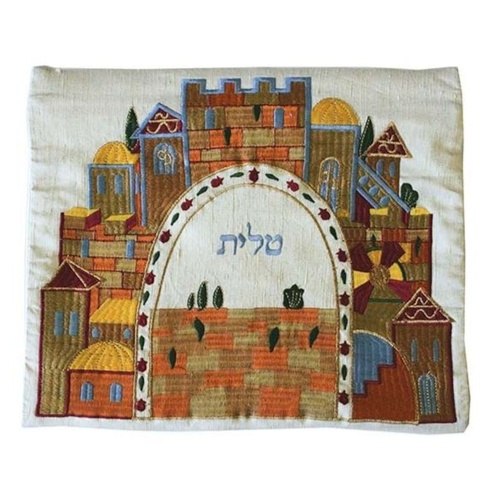 כיסוי לטלית רקום מכונה ירושלים לבן