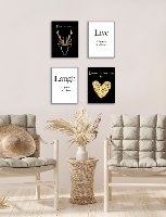 רביעיית תמונות תחיו, תצחקו, אייל עם קרניים בזהב ולב זהב עם רקע שחור דגם 12