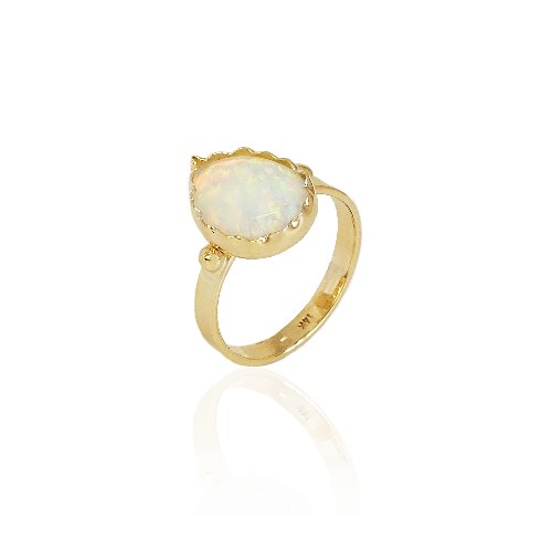 טבעת זהב טיפה אופל לבנה מסגרת זהב