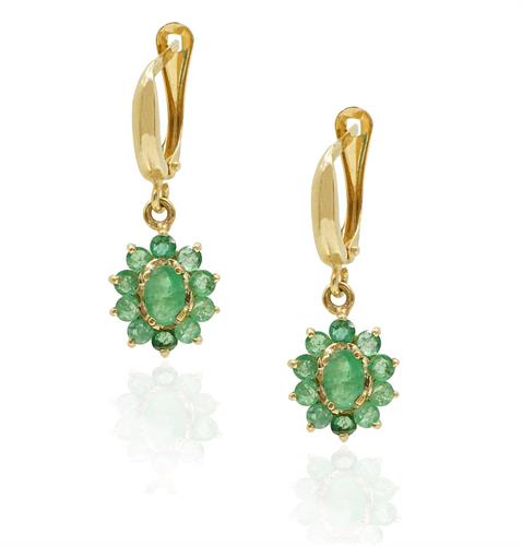 עגילי זהב נופלים מרשימים עם אבן חן אמרלד טבעית בחיתוך אובל