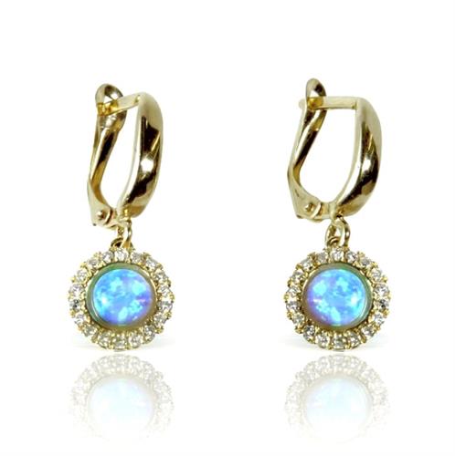 עגילי זהב 14 קאראט נתלים משובצים באבן חן אופל עגולה ויהלומים