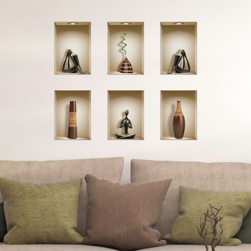 שישיית מדבקות נישה כוורת פסלים שחורים ואגרטלים חומים מעץ דגם 650