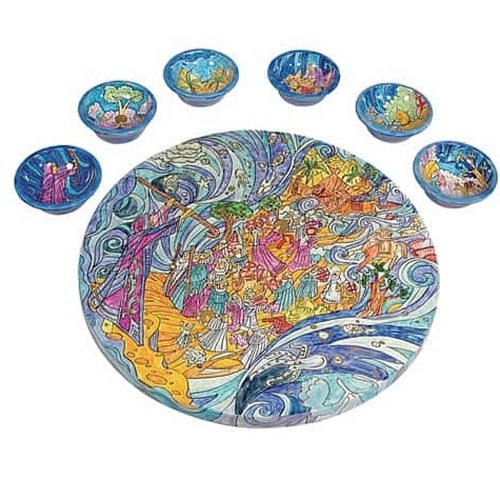 קערת ליל הסדר + 6 צלוחיות ציור יציאת מצריים