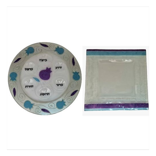 סט צלחת פסח וצלחת מצה תואם דגם רימון כחול סגול