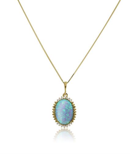 שרשרת ותליון משובץ אבן חן אופל בזהב 14 קרט ו - 0.12 קראט יהלומים