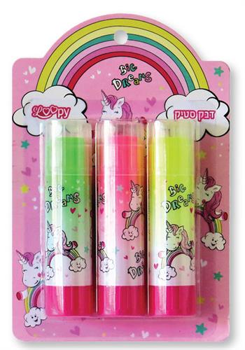 "LOOPY דבק סטיק חד קרן זוהר סט 3 צבעים"