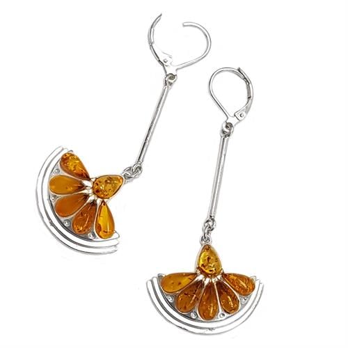 עגילי כסף  תלויים משובצים ענבר A8491 | תכשיטי כסף | עגילי כסף