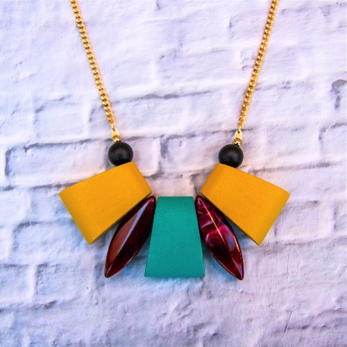 שרשרת ארוכה חרוזי טרפז חרדל וטורקיז