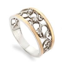 טבעת כסף רחבה מצופה זהב 9K מעוצבת עיטורים, משובצת אבני זרקון  RG8540