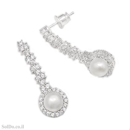 עגילים תלוים מכסף משובצים פנינה לבנה ואבני זרקון A9033 | תכשיטי כסף 925