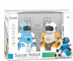 זוג רובוטים של כדורגל עם שלטים ושער