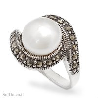 טבעת מכסף משובצת פנינה לבנה ומרקזטים RG8897