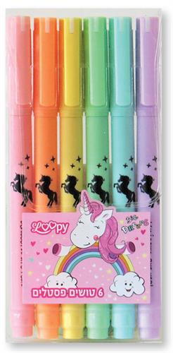 "LOOPY סט 6 טושים פסטל חד קרן קשת בענן"