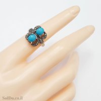 טבעת מכסף משובצת מרקזטים ואבני טורקיז  RG6266 | תכשיטי כסף 925 | טבעות כסף