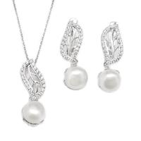 עגילים ותליון מכסף משובצים פנינה לבנה וזרקונים S1638 | תכשיטי כסף 925 | תכשיטי כלה