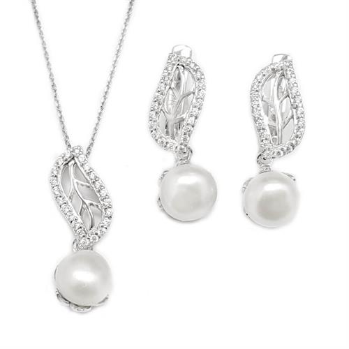 עגילים ותליון מכסף משובצים פנינה לבנה וזרקונים S1638 | תכשיטי כסף 925 | תכשיטי כלה