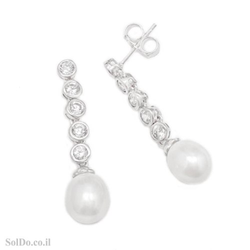 עגילים תלויים מכסף משובצים פנינה לבנה ואבני זרקון A9034 | תכשיטי כסף 925