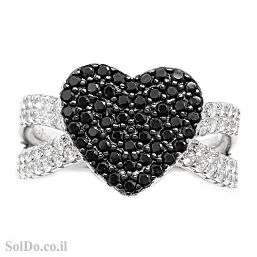 טבעת מכסף לב משובצת אבני זרקון שחורות ולבנות RG6027 | תכשיטי כסף | טבעות כסף