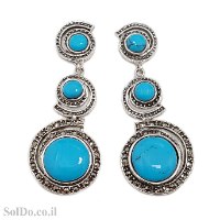 עגילים מכסף ארוכים משובצים מרקזטים ואבני טורקיז  A8988 | תכשיטי כסף 925 | עגילי כסף