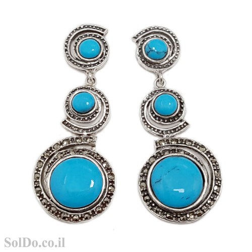 עגילים מכסף ארוכים משובצים מרקזטים ואבני טורקיז  A8988 | תכשיטי כסף 925 | עגילי כסף