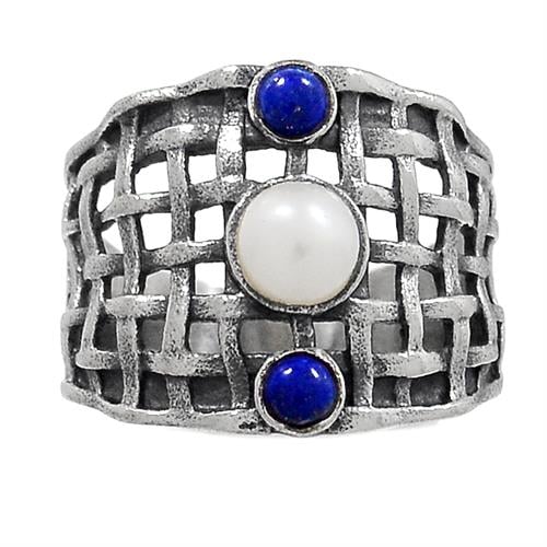 טבעת כסף משובצת פנינה ואבני לפיס לזולי  RG5896 | תכשיטי כסף 925 | טבעות כסף