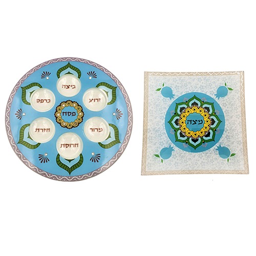 סט צלחת פסח וצלחת מצה דגם רימונים