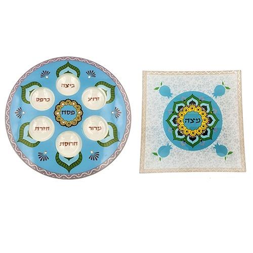 סט צלחת פסח וצלחת מצה דגם רימונים