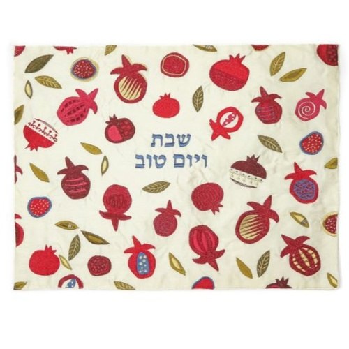 כיסוי לחלות רקום מכונה רימונים גדולים על לבן/ זהב