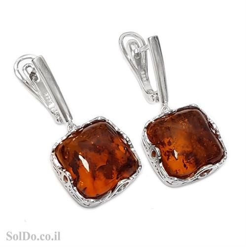 עגילים מכסף תלויים בשילוב ענבר בלטי אמיתי  צבע קוניאק A8688