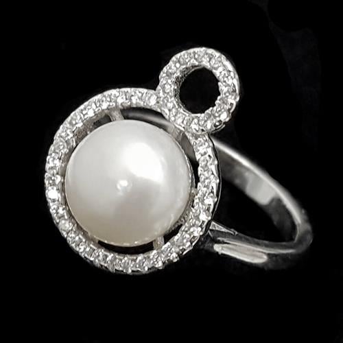 טבעת מכסף משובצת פנינה לבנה וזרקונים RG1487 | תכשיטי כסף 925 | טבעות כסף