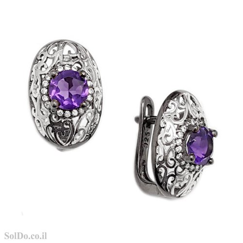 עגילים מכסף משובצים אבני אמטיסט סגול ואבני זרקון A9020 | תכשיטי כסף
