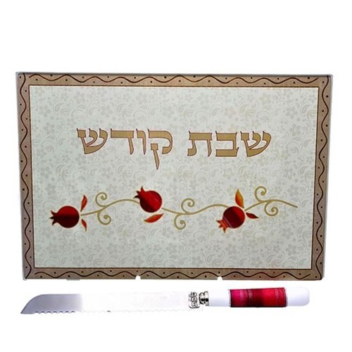 קרש חיתוך חלות דגם רימון אדום + סכין חיתוך חלות תואם