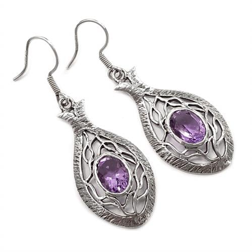 עגילי כסף ארוכים משובצים אבן אמטיסט סגול A5624 | תכשיטי כסף | עגילי כסף