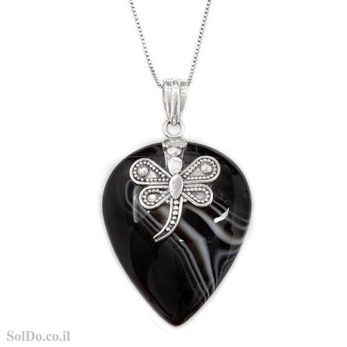 תליון מכסף משובץ אבן אגט צבע שחור מעוצב פסלון שפירית T6163 | תכשיטי כסף