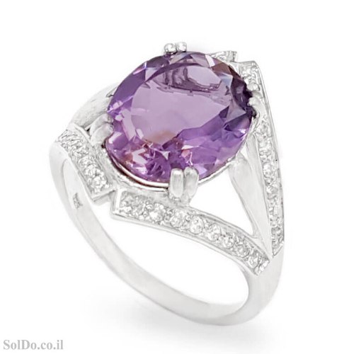 טבעת מכסף משובצת אבן אמטיסט ואבני זרקון RG6316 | תכשיטי כסף 925 | טבעות כסף