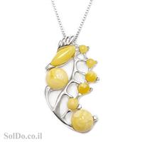 תליון מכסף מעוצב בשילוב ענבר בלטי צבע לימון כולל שרשרת T6020