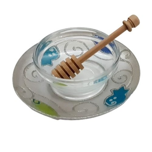 כלי לדבש מזכוכית רימון ספירלה עבודת יד + רודה דבש עץ