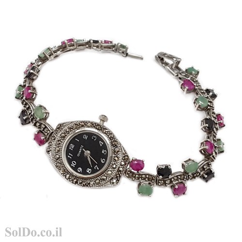 שעון מכסף מעוצב משובץ מרקזטים ואבני אמרלד, רובי וספיר SH3264 | תכשיטי כסף