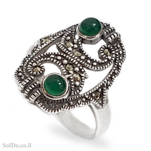 טבעת מכסף משובצת מרקזטים ואבני אגת ירוקה RG6219 | תכשיטי כסף 925 | טבעות כסף