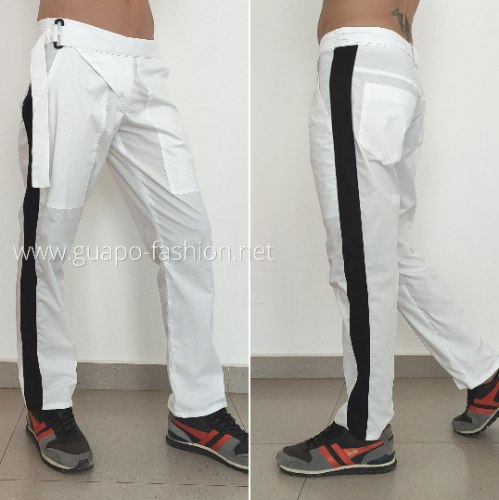 White Wrap Cotton Tailored Pants with Black Side-Strips| Designed by Tal Dekel