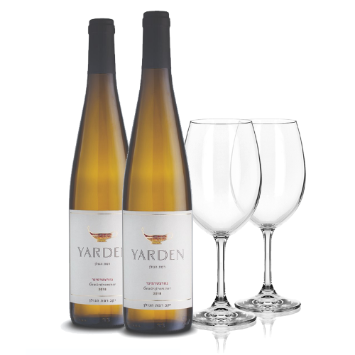 2 יח׳ ירדן גוורצטרמינר – יין לבן חצי יבש 2019 + 2 כוסות