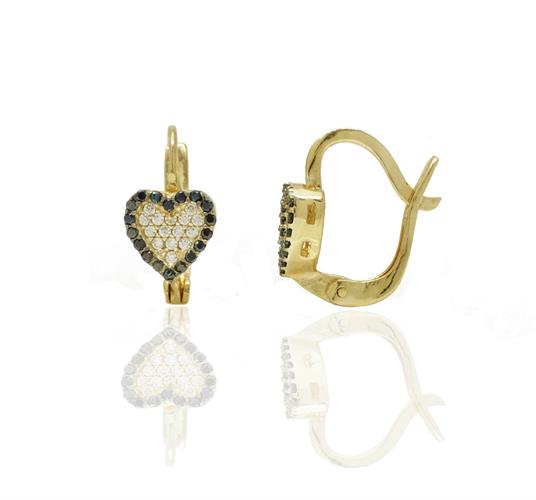 עגילי זהב לב משובצים זרקונים שחורים ולבנים מזהב 14 קרTט