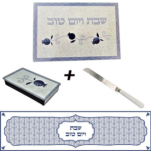 סט קרש חלה + סכין + ראנר + מחזיק גפרורים תואם דגם רימון כחול
