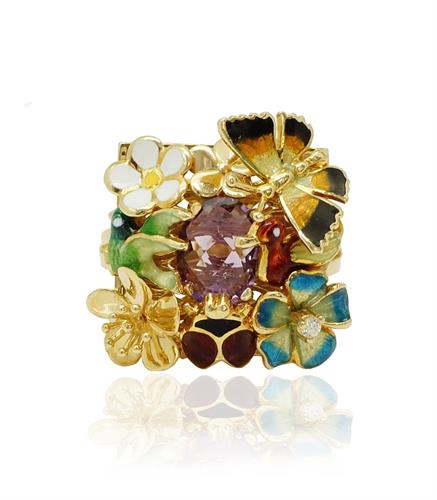 טבעת זהב מלאת נוכחות לאישה עם זרקוןנים ואמייל